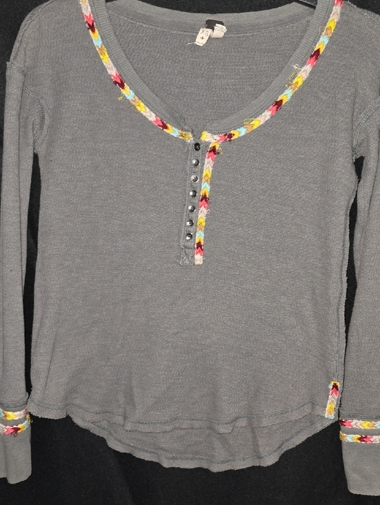 We The Free Tops - We The Free Gray Long-Sleeve Henley with Multicolor Braided Trim